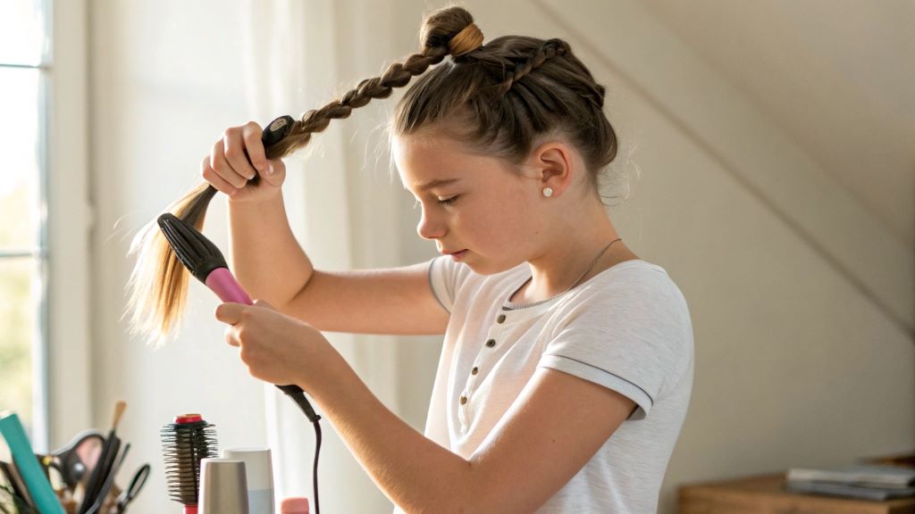 Teen girl styling quick morning hairstyles including ponytail, messy bun, and braids for school—fast, easy, and effortless looks