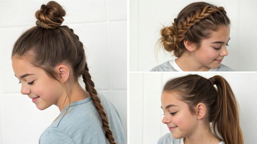 Teen girl styling quick morning hairstyles including ponytail, messy bun, and braids for school—fast, easy, and effortless looks