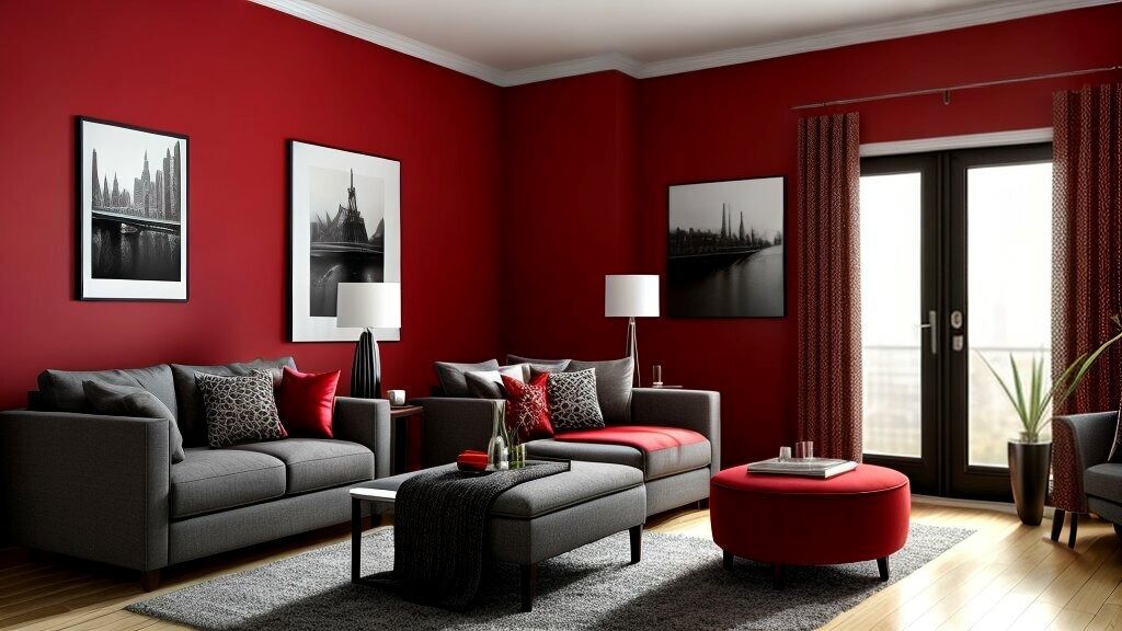 Stylish interior design featuring a brown and red color combination with complementary furniture and decor