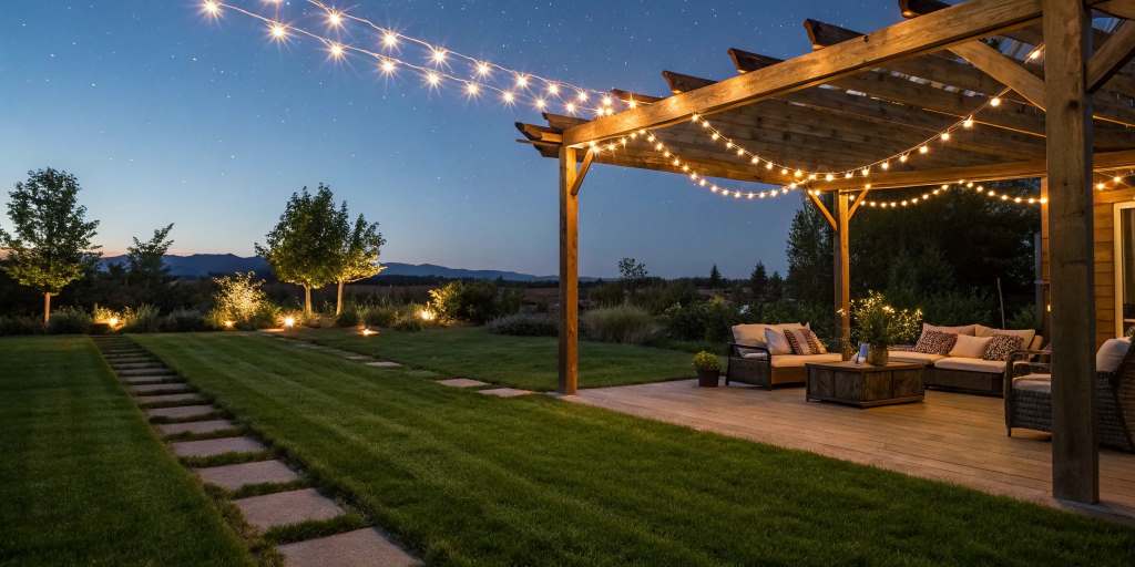 100ft LED rope lights wrapped around a wooden patio pergola, glowing warmly against summer foliage