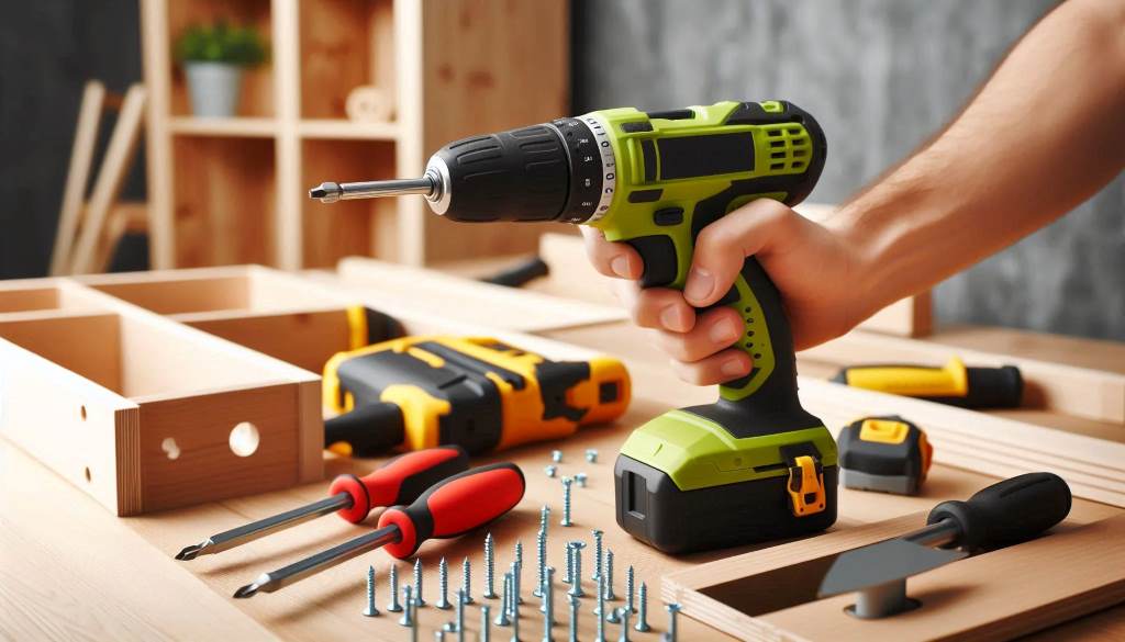 A novice user assembling furniture with the AVID POWER Drill Set in a bright garage workshop.