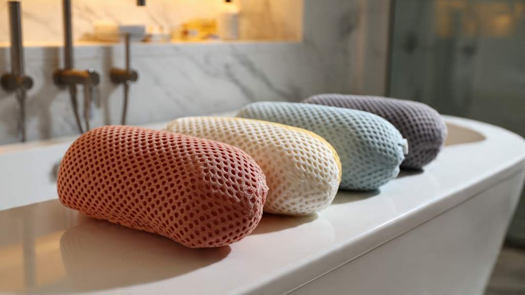 Close-up of AquaSpa ergonomic bath pillow attached to tub with suction cups, showcasing contoured foam for neck support.