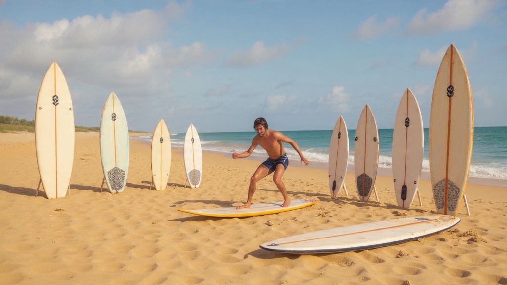 Various surfboard lengths displayed on sand showing size comparison for small wave surfing