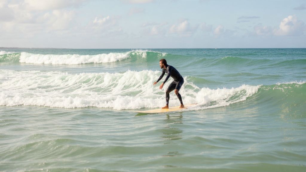 Surfer riding a longboard on a small wave near the beach