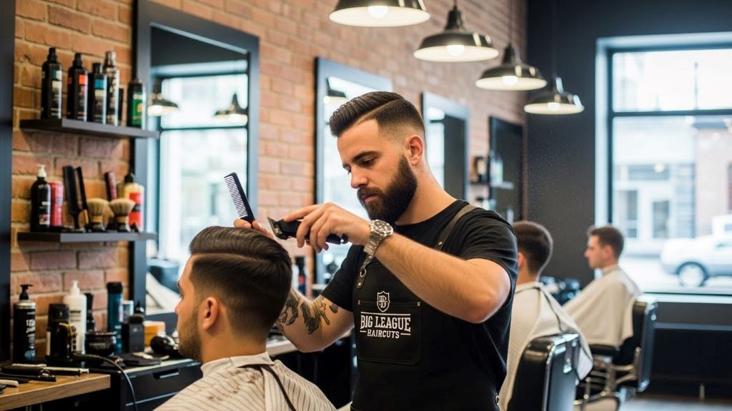 Professional barber at Big League Haircuts styling client's hair in modern barbershop setting