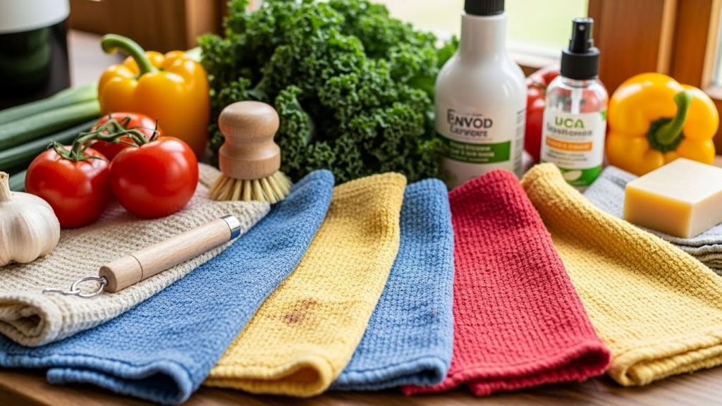 Stained Swedish dishcloths in various colors showing natural wear from kitchen use beside fresh vegetables and cleaning supplies