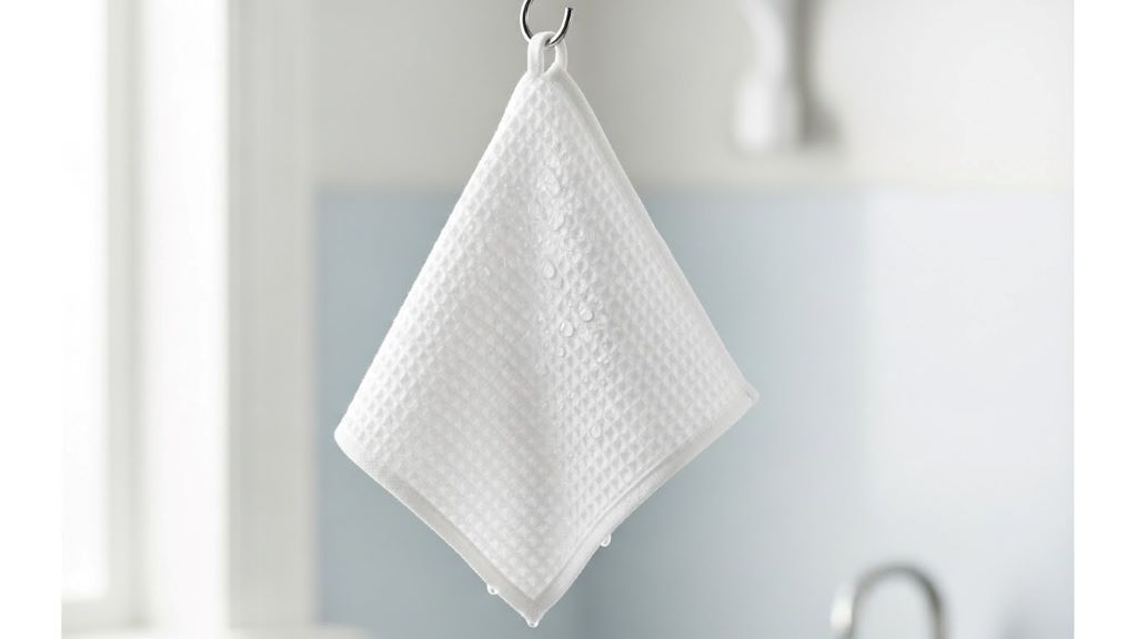 Clean white Swedish dishcloth hanging on kitchen hook with water droplets showing absorbent cellulose texture