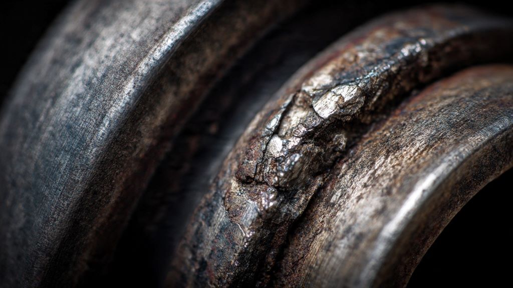 Close-up view of worn wheel bearing showing metal damage and deterioration causing roaring noise at highway speeds