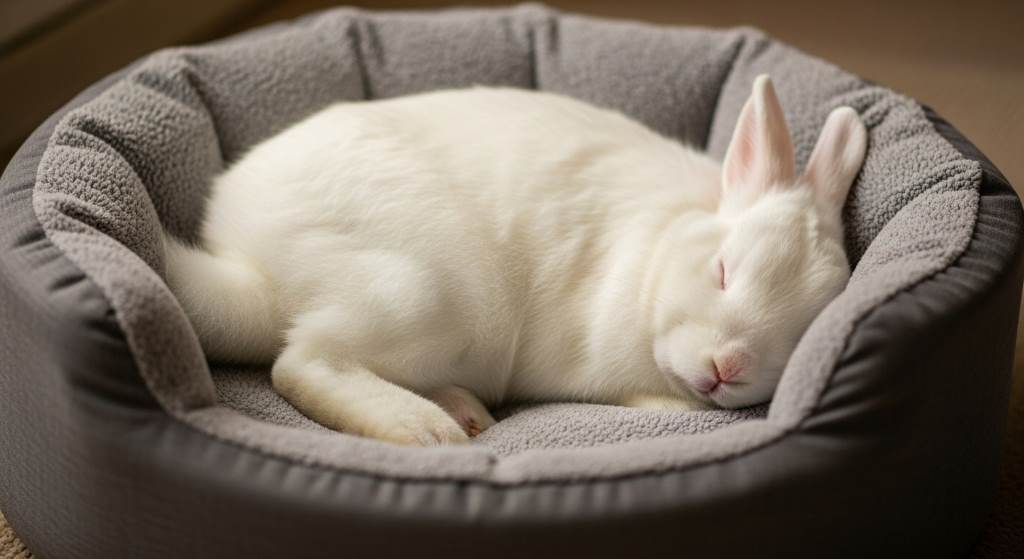 Fluffy white rabbit curled asleep in gray soft donut cuddler for pets with raised edges
