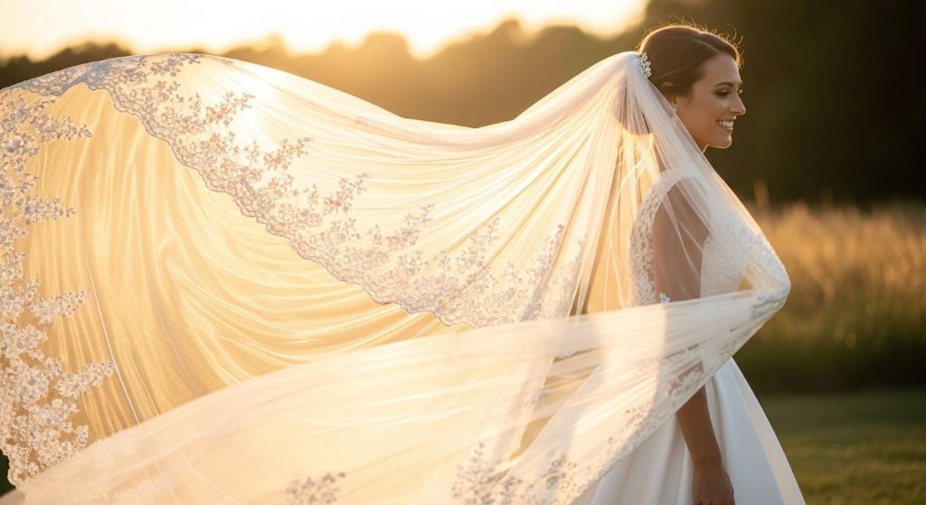 Bride in flowing cathedral veil walking outdoors during golden hour with dramatic fabric movement