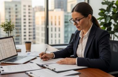 Business owner reviewing financial documents and contracts during small business acquisition process