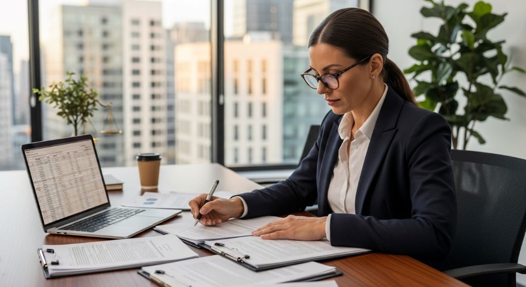 Business owner reviewing financial documents and contracts during small business acquisition process