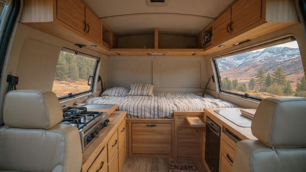 Interior view of DIY campervan conversion showing custom cabinetry, sleeping area, and kitchen installations requiring specialized insurance