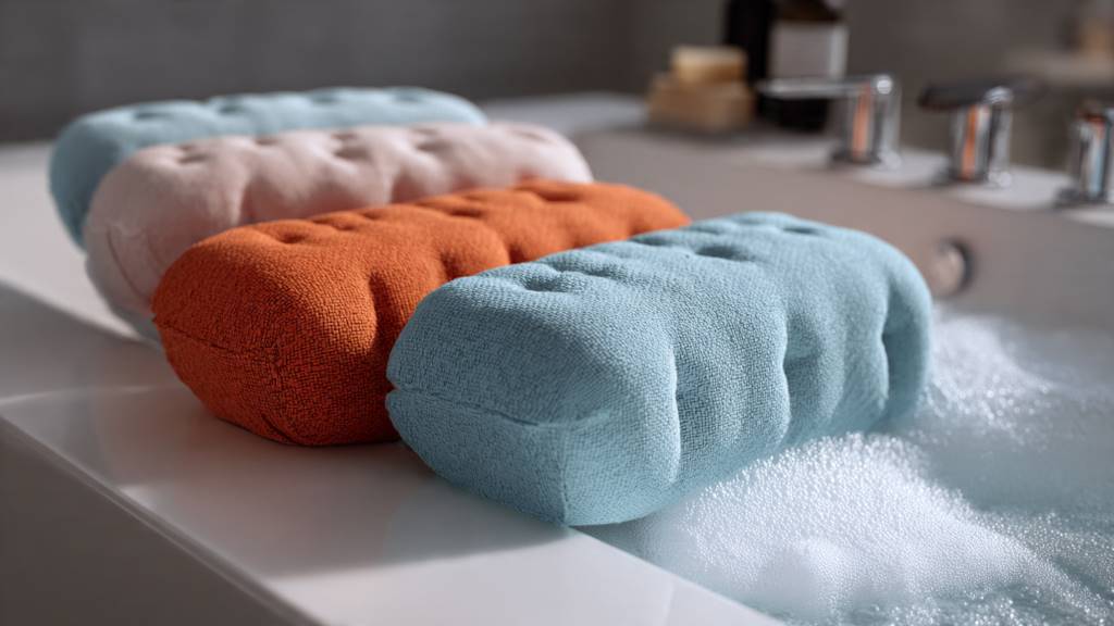 User relaxing in bathtub using HydroRest adjustable lumbar pillow, highlighting dual-zone comfort during soak.