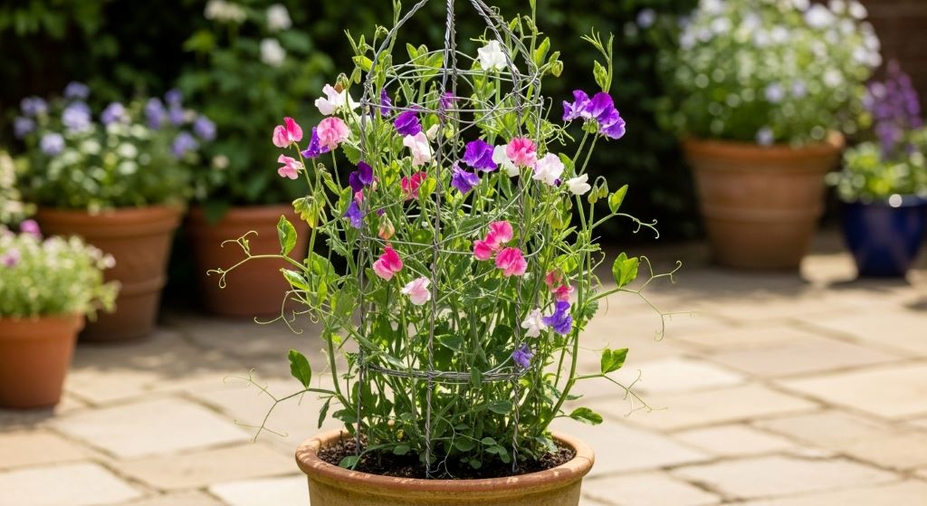 Handmade wire trellis with climbing sweet pea vines in a terracotta pot on a garden patio