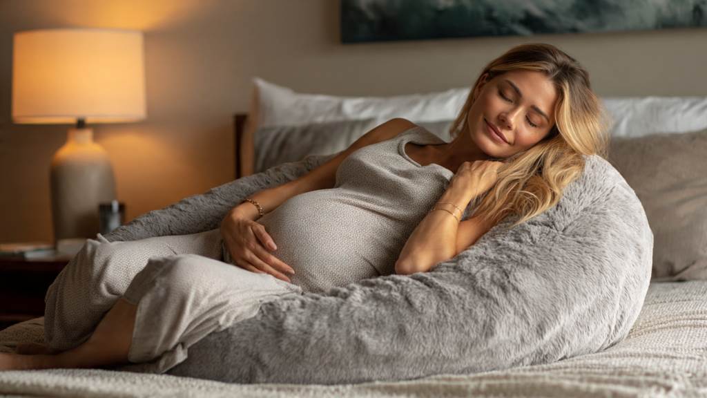 Cozy mom relaxing with Momcozy U-shaped pregnancy pillow in soft gray, supporting her growing belly during third trimester rest.