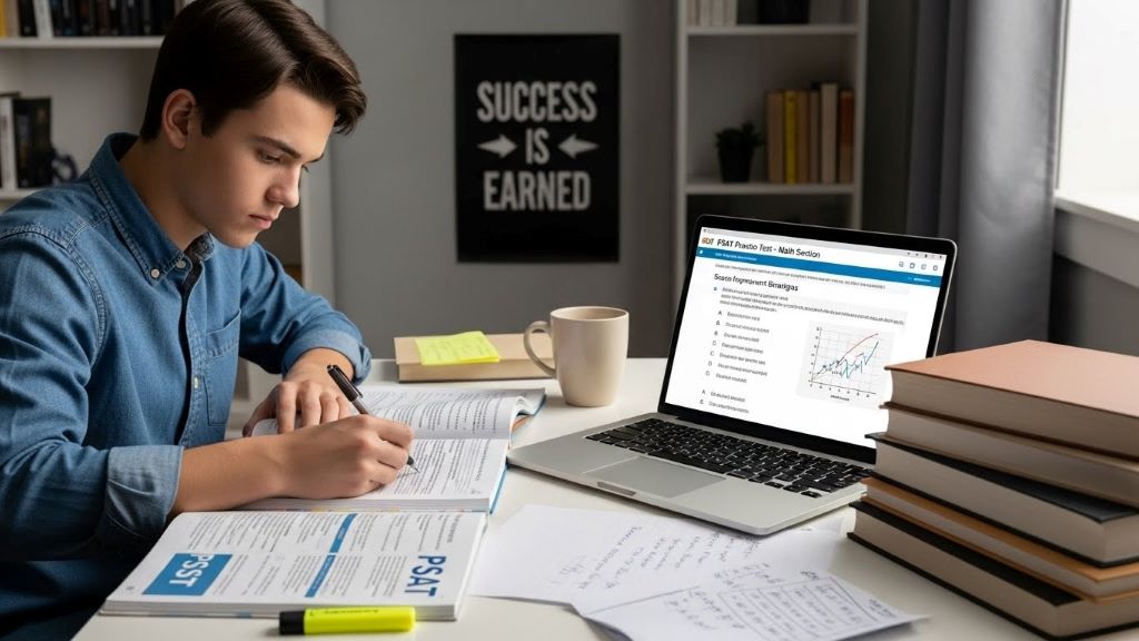 Student studying PSAT preparation materials with laptop showing practice questions and score improvement strategies for standardized tests