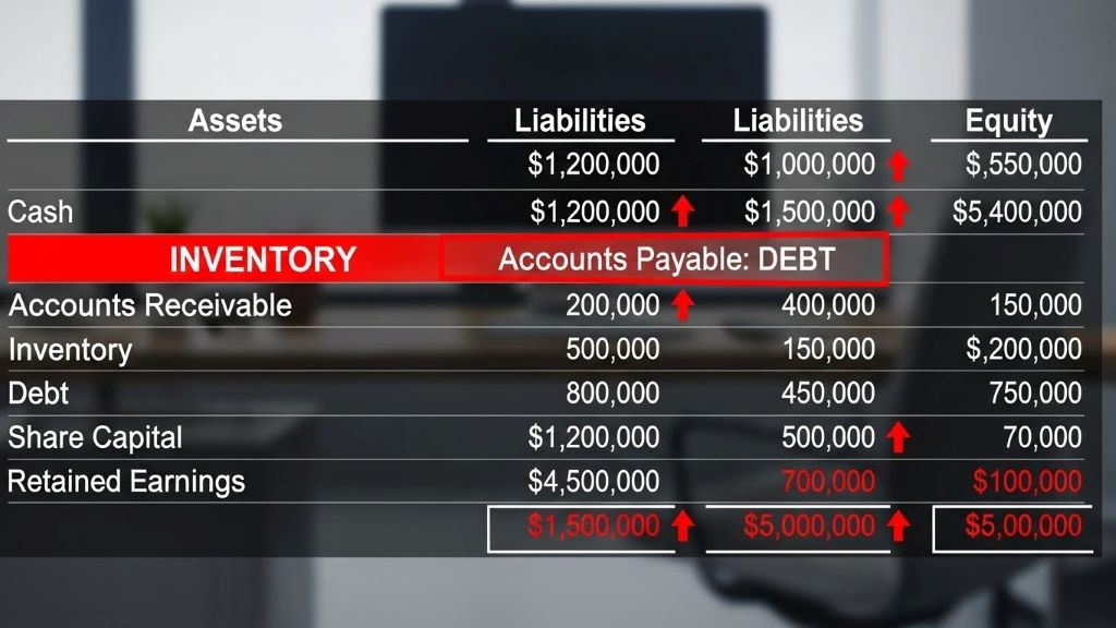 Balance sheet showing rising inventory and debt levels in red