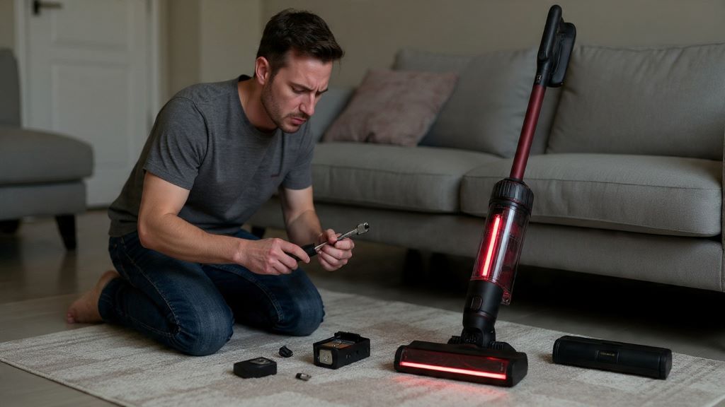 Person troubleshooting cordless vacuum cleaner that stops working after few seconds