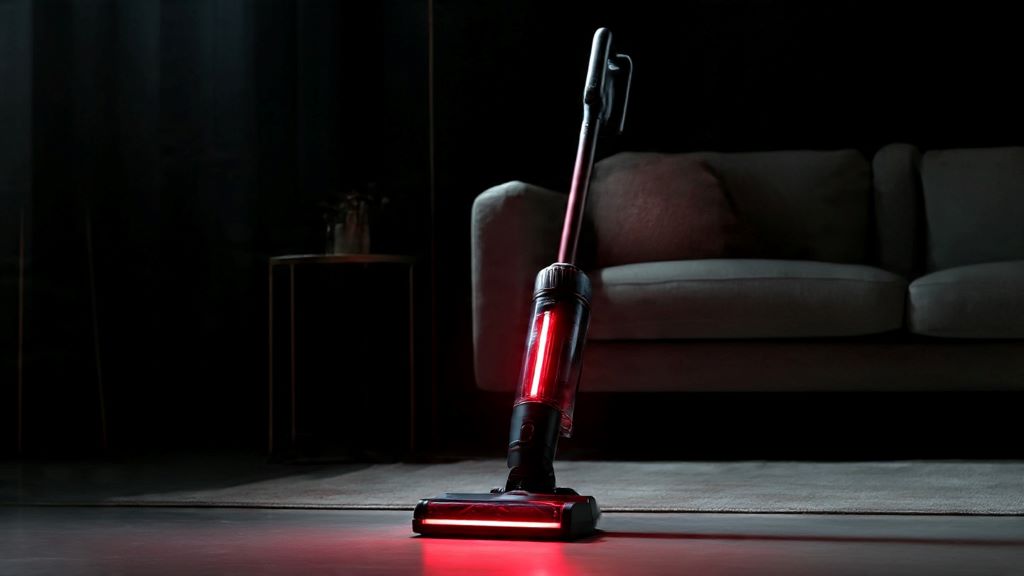 Stick vacuum cleaner with red flashing light indicator on charging dock