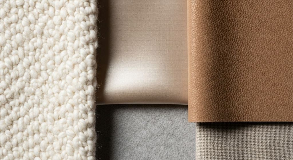 Close-up detail of mixed fabric textures including bouclé, silk, and leather in neutral tones