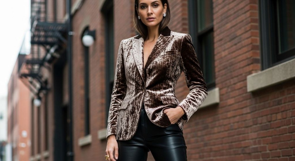 Woman wearing textured velvet blazer with leather pants demonstrating bold fashion styling