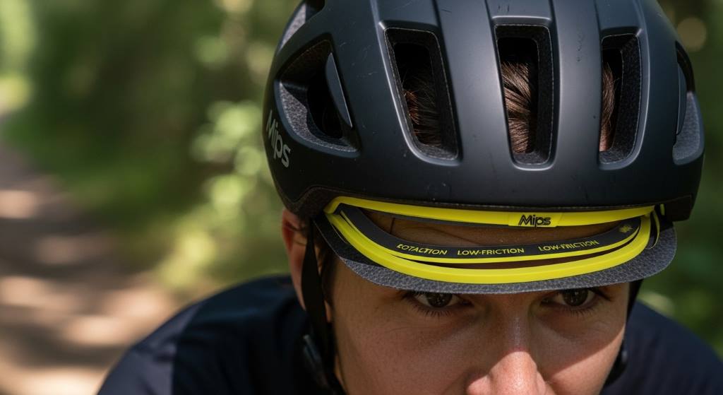 Close-up of a cyclist wearing a modern bike helmet with MIPS liner visible, showcasing rotational safety tech during a trail ride.