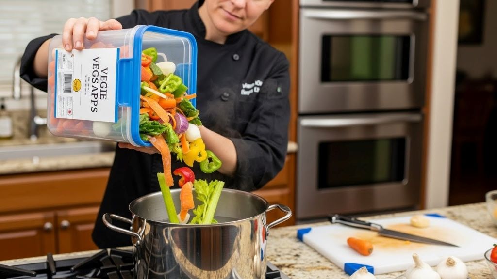 Home cook transferring frozen vegetable scraps from a labeled freezer container directly into a large stockpot filled with water