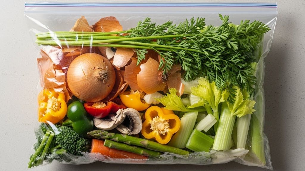 Assorted vegetable scraps including onion peels, carrot tops, and celery leaves arranged in a clear freezer bag ready for stock making