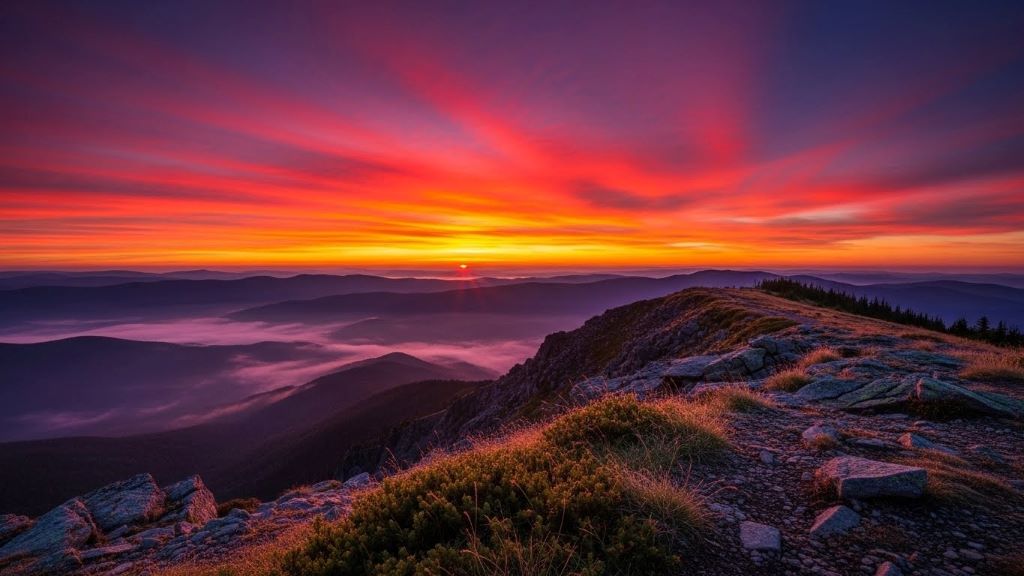 Panoramic view from elevated park ridge showing vibrant orange and purple sunrise color scattering over misty valleys