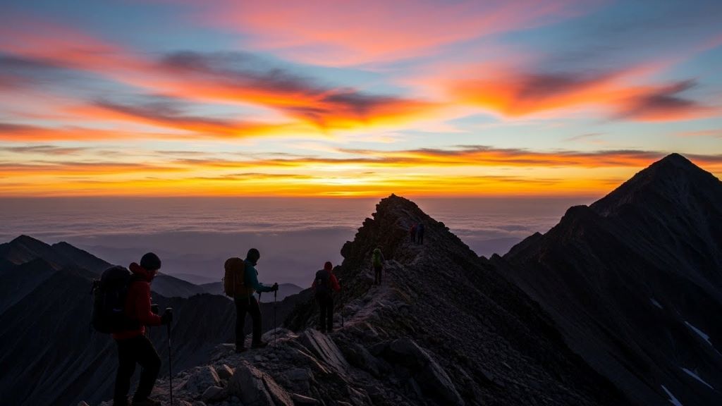 Golden and pink sunrise colors scattered across the sky above a mountain ridgewalk trail with silhouetted hikers