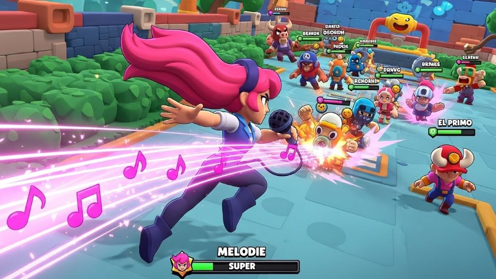 Melodie brawler dashing through enemies using Super ability in Brawl Stars gameplay