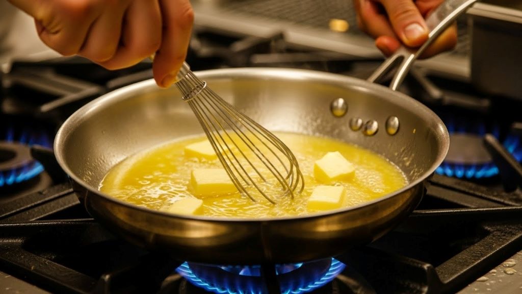 Chef whisking butter into reduced white wine sauce in a stainless steel pan on stovetop