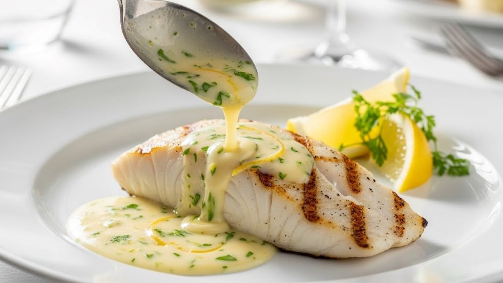 Silky white wine lemon butter sauce being drizzled over grilled fish on an elegant white plate
