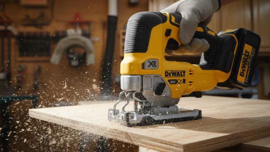 DEWALT DCS331B cordless jigsaw in action cutting wood with dust blower active