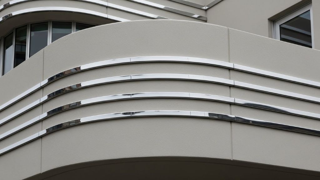 Streamline Moderne building detail showing smooth curves, horizontal chrome strips, and simplified ornamentation compared to Art Deco style
