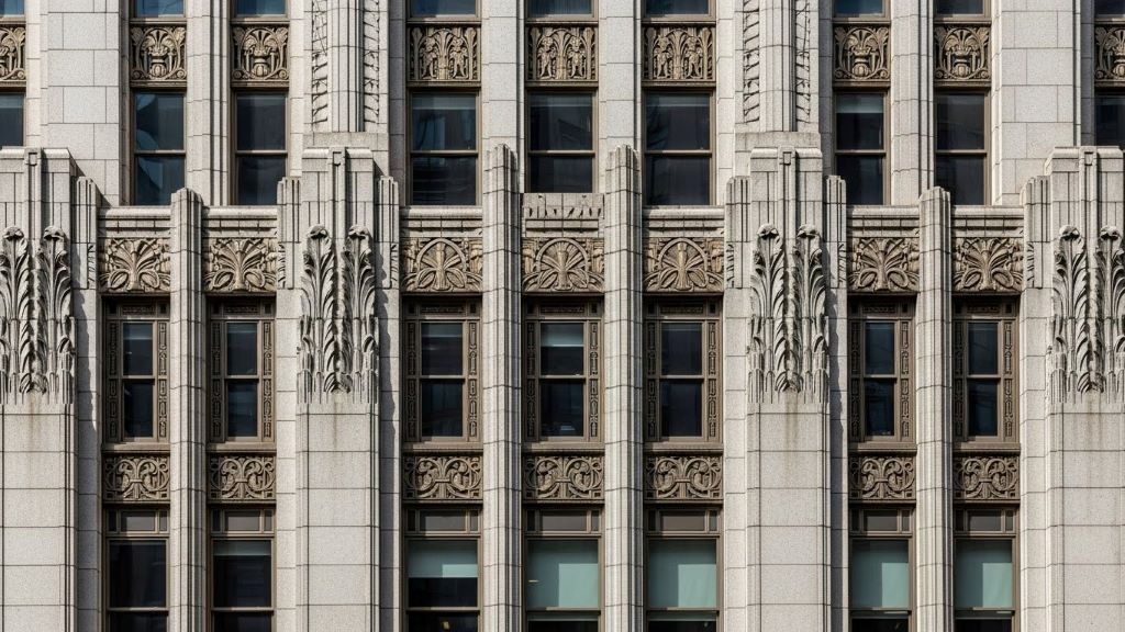 Art Deco skyscraper facade featuring geometric patterns, metallic accents, and sculptural relief ornamentation from the 1920s era