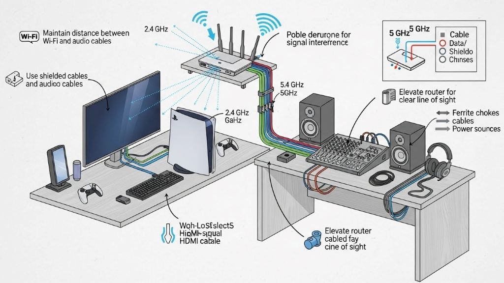 Gaming setup diagram illustrating proper placement of PS5, wireless router, and audio equipment to minimize signal conflicts