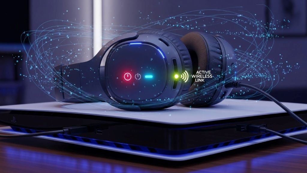 PS5 console with wireless gaming headset showing connection status indicators and signal interference visualization