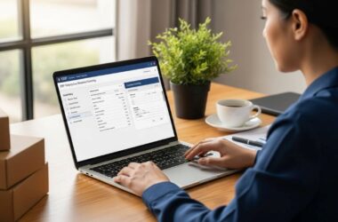 Small business owner using ERP software on laptop to manage inventory levels and create customer invoices