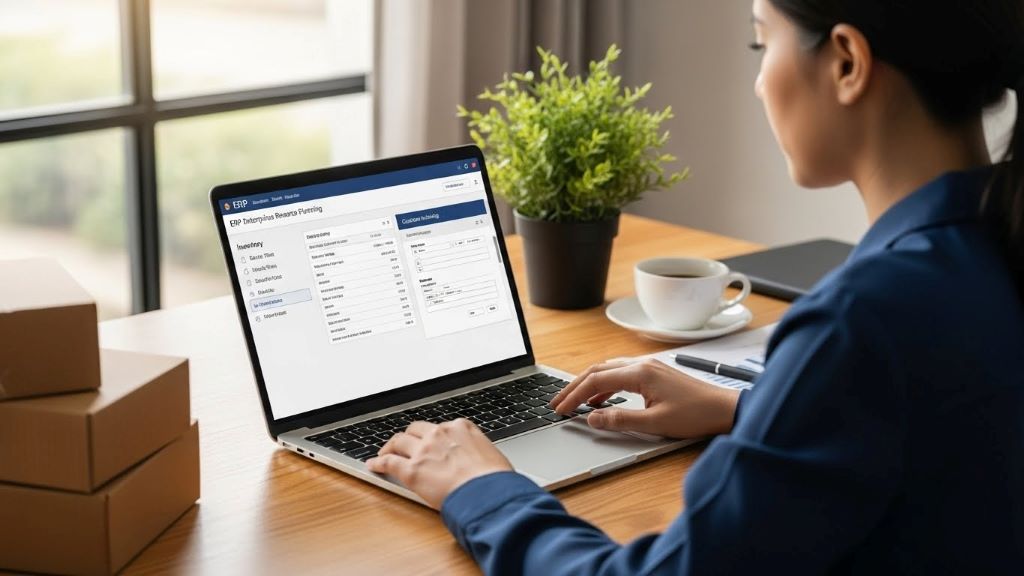 Small business owner using ERP software on laptop to manage inventory levels and create customer invoices