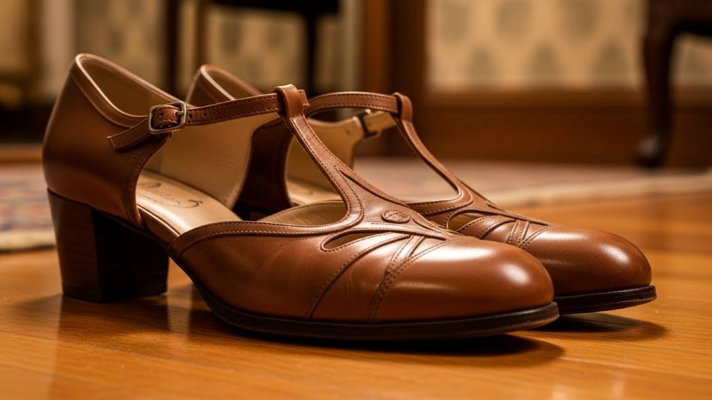 Classic brown leather T-strap pumps from the 1940s with low heel