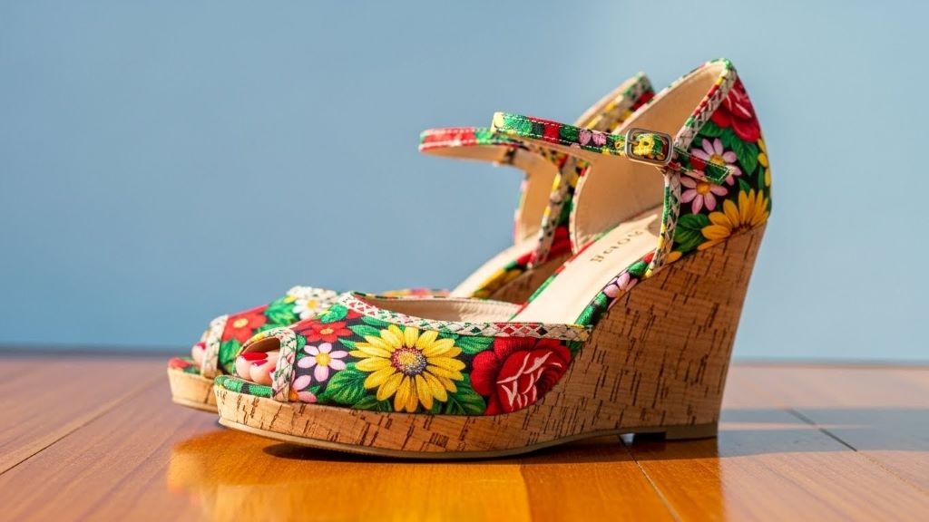 1940s women's fabric wedge shoes with colorful floral pattern and cork sole