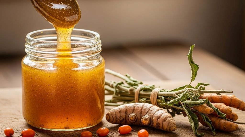 Spoonful of golden honey ashwagandha blend dripping over jar with turmeric root and ashwagandha herbs on wooden surface