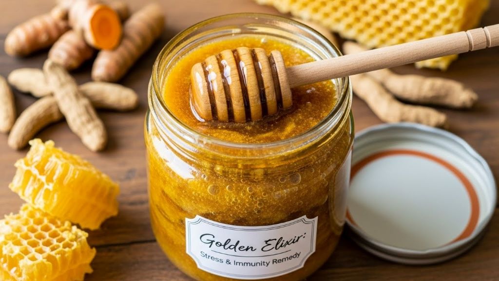 Golden fermented honey mixed with turmeric and ashwagandha powder in glass jar showing natural wellness remedy for stress and immunity