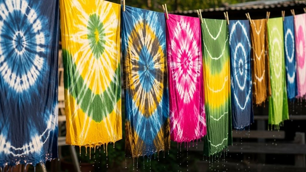 Colorful hand-dyed fabrics hanging to dry before heat-fixing process begins