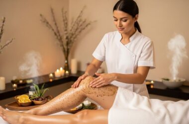 Woman applying body scrub to leg in circular motions during spa treatment