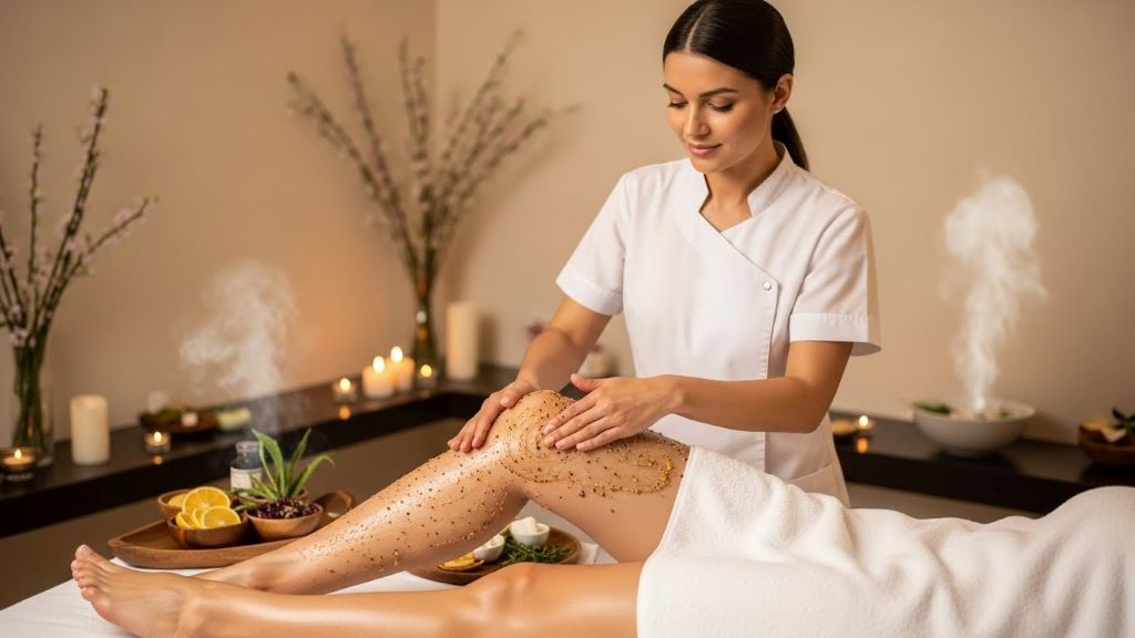 Woman applying body scrub to leg in circular motions during spa treatment