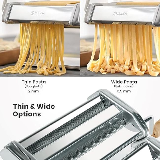ISILER 2-in-1 pasta maker on a counter with pasta dough, illustrating its user-friendly design.