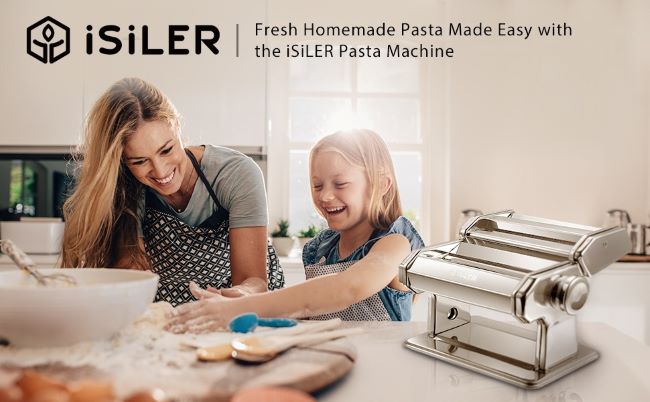 ISILER 2-in-1 pasta maker shown rolling fresh pasta in a home kitchen.